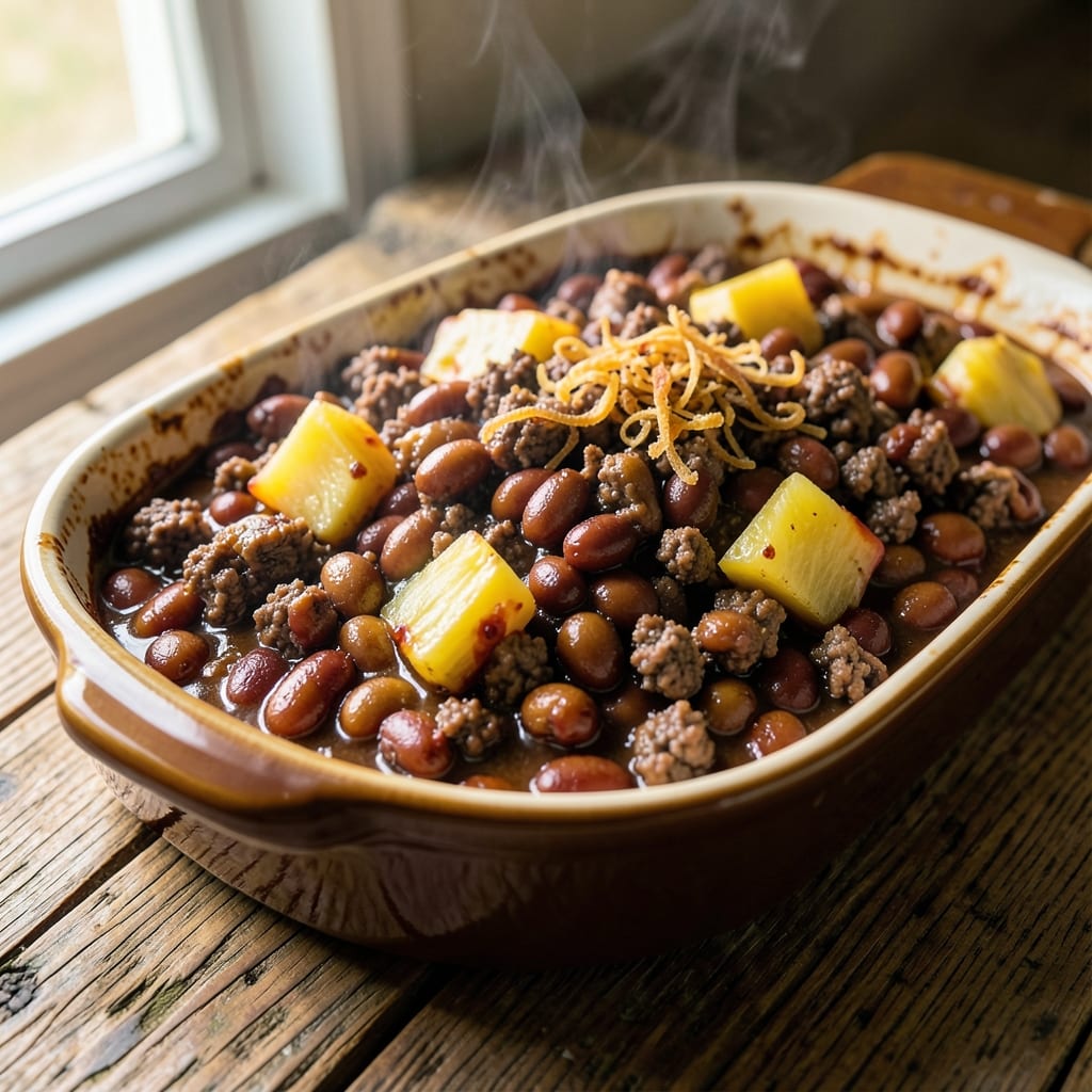 Baked Beans with Ground Beef and Pineapple Recipe: Sweet-Tangy One-Pot Crowd-Pleaser