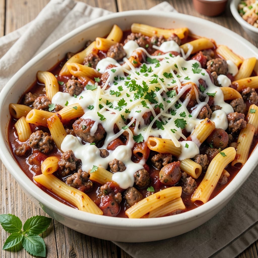 Baked Ziti Recipe with Ground Beef and Sausage: Meaty Layers of Cheese and Herbed Tomato